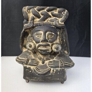 Vintage Aztec Mexican Tlaloc Huehueteotl Sculpture Statue God of Fire Pottery 9"